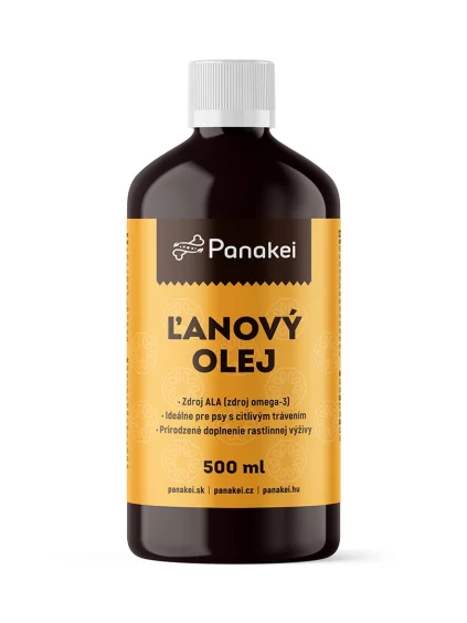 Přírodní lněný olej Panakei lisovaný za studena, který pomáhá psům ke zdravé kůži a lesklé srsti.