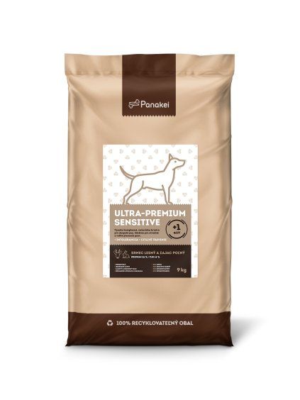 9kg balení granulí Panakei Ultra-Premium Sensitive se srnčím a králičím masem, speciálně navržené pro dospělé psy se sklonem k intolerancím a citlivým trávením.