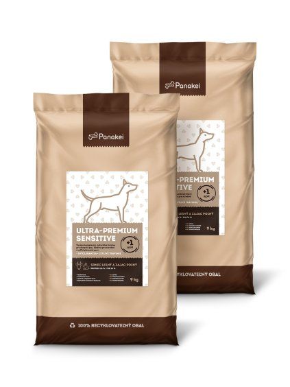 Výhodné balení 18 kg (2×9 kg) granulí Panakei Ultra-Premium Sensitive se srnčím a králičím masem, ideální pro dospělé psy středních a velkých plemen s citlivým trávením.
