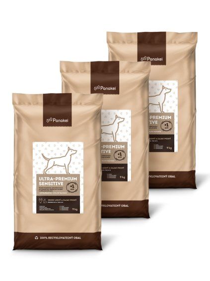 Cenově výhodné trojbalení 27 kg (3×9 kg) granulí Panakei Ultra-Premium Sensitive se srnčím a králičím masem, ideální pro dospělé psy středních a velkých plemen s citlivým trávením.