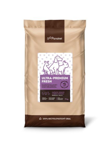 9kg balení za studena lisovaných granulí Panakei Ultra-Premium Fresh s kachním, husím a kančím masem pro dospělá střední a velká plemena psů od 1 roku.