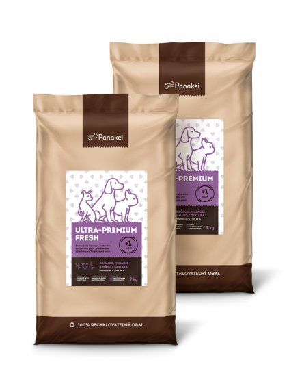 Výhodné 18kg balení (2×9kg) za studena lisovaných granulí Panakei Ultra-Premium Fresh s kachním, husím a kančím masem, ideální pro dospělá střední a velká plemena psů od 1 roku.