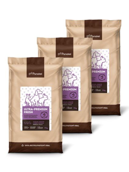 Výhodné 27kg balení (3×9kg) za studena lisovaných granulí Panakei Ultra-Premium Fresh s kachním, husím a kančím masem, ideální pro dospělá střední a velká plemena psů od 1 roku.