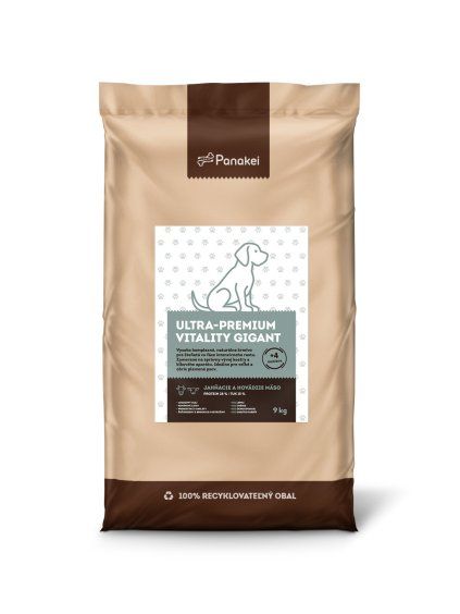 9kg pytel granulí Panakei Ultra-Premium Vitality Gigant s jehněčím a hovězím masem, určený pro štěňata velkých a obřích plemen ve fázi intenzivního růstu.