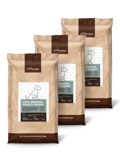 Výhodné trojbalení 27 kg (3×9 kg) granulí Panakei Ultra-Premium Vitality Gigant s jehněčím a hovězím masem pro štěňata velkých a obřích plemen ve fázi intenzivního růstu.