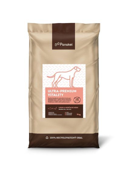 Panakei Ultra-Premium Losos + Krůta LIGHT/SENIOR 9 kg: Přírodní bezobilné granule pro dospělé psy velkých plemen s nižší aktivitou.