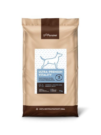 9kg balení naturálního krmiva Panakei Ultra-Premium Vitality (hovězí, králičí maso) bez lepku a konzervantů.