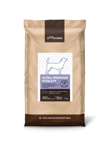 Panakei Ultra-Premium Vitality: 3kg balení přírodních granulí s krůtím a kachním masem pro dospělé psy mini a malých plemen.