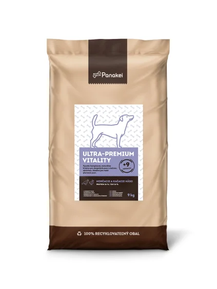 Kvalitní suché krmivo Panakei (Krůta + Kachna, 9 kg) pro dospělé psy se střední aktivitou ve 100% recyklovatelném obalu.