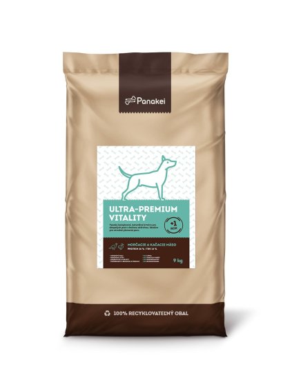 Kvalitní suché krmivo Panakei (Krůta + Kachna, 9 kg) pro dospělé psy se střední aktivitou ve 100% recyklovatelném obalu.