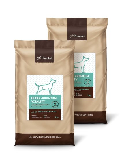 Kompletní krmivo Panakei Vitality s krůtím a kachním masem pro dospělé psy a seniory v dobré kondici (18 kg).