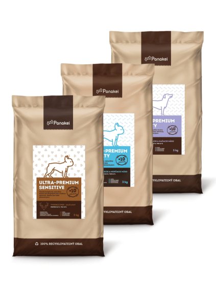 Mix příchutí krmiva Panakei pro dospělé psy malých plemen (XS-S): Balíček tří 3 kg pytlů (Jelen, Krůta+Kachna, Hovězí+Krůtí) pro pestrou stravu.
