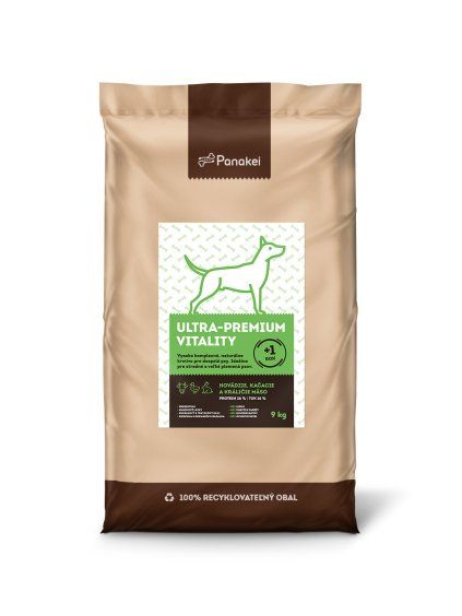 9kg balení granulí Panakei Ultra-Premium Vitality s hovězím, kachním a králičím masem, určené pro dospělé psy středních a velkých plemen od 1 roku.