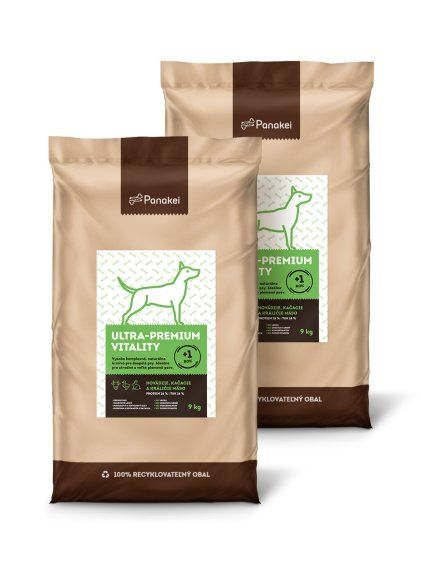 Výhodné balení dvou 9kg pytlů granulí Panakei Ultra-Premium Vitality s hovězím, kachním a králičím masem, ideální pro dospělé psy středních a velkých plemen od 1 roku.