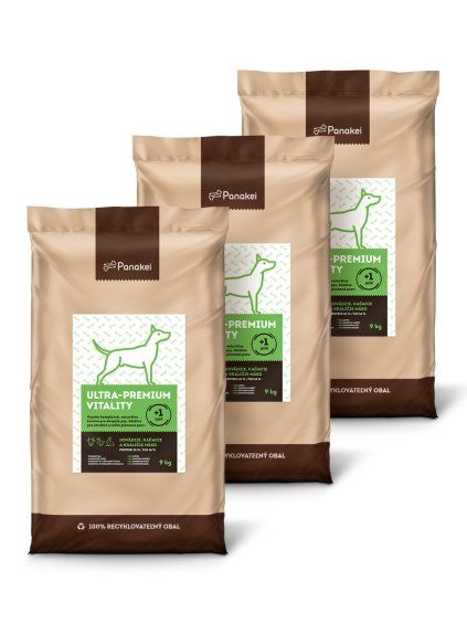 Výhodné 27kg balení tří 9kg pytlů granulí Panakei Ultra-Premium Vitality s hovězím, kachním a králičím masem pro střední a velké psy.