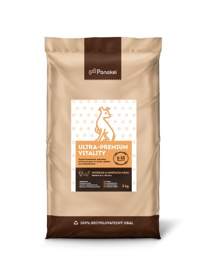 Panakei Ultra-Premium Vitality Hovězí + Krůtí 3 kg: Přírodní granule pro štěňata malých plemen od 2 měsíců.