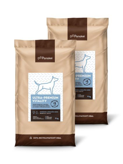 Výhodné balení dvou 9kg pytlů krmiva Panakei Ultra-Premium Vitality (Hovězí + Králík) pro dospělé psy.