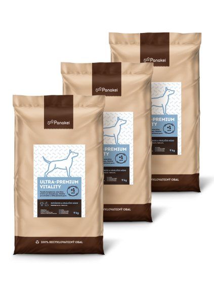 27kg výhodný balíček krmiva Panakei (3×9kg) Ultra-Premium Vitality (Hovězí + Králík) pro dospělé psy středních plemen.