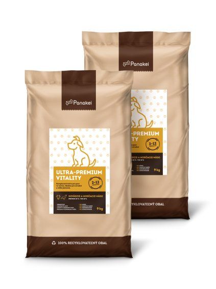 Výhodných 18 kg (2×9kg) naturálního krmiva Panakei s hovězím a krůtím masem pro štěňátka ve vývinu.