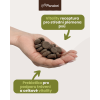 Vitality receptura pro střední plemena psů: Detail granulí Panakei v dlani s prebiotiky pro podporu trávení a celkové vitality.